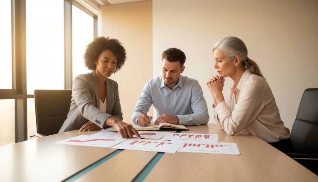 Small diverse executive team of three in a modern conference room collaborates on benefits strategy: leader pointing to cardinal red-accented charts, colleague noting in notebook, third listening attentively, with Pelorous Blue highlights and clean Apple-style minimalism.