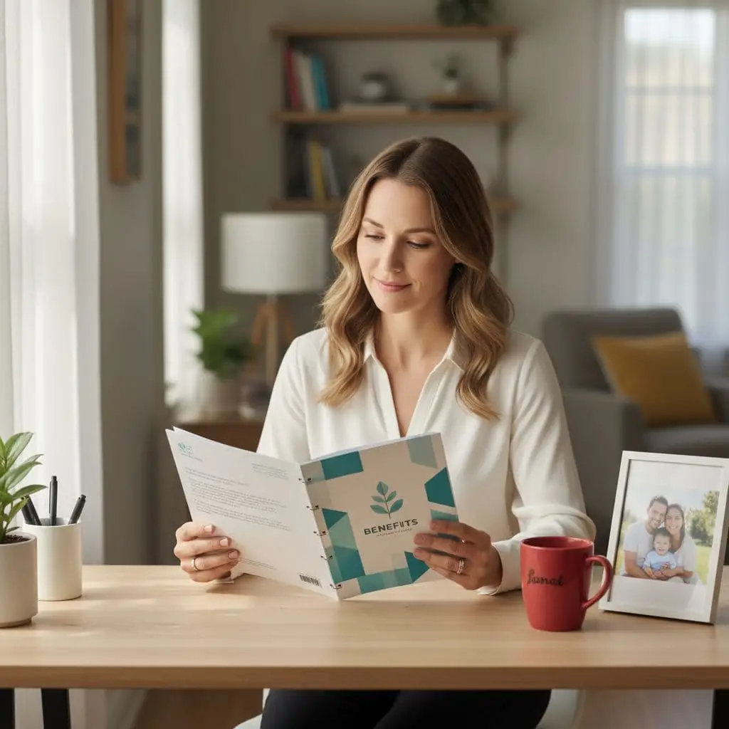 A single employee at a home office desk compassionately reviews a simple benefits booklet, with a family photo frame nearby, in a minimal Apple-esque design under soft morning light.