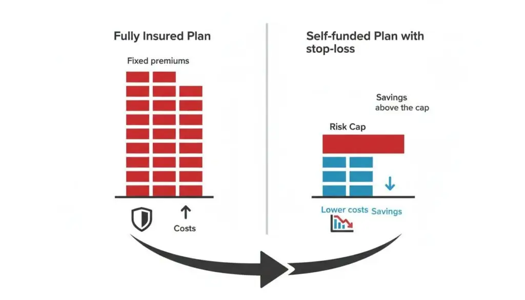 Minimalist side-by-side infographic contrasting high fixed premiums of fully insured plans (red stacks) with lower costs and risk caps of self-funded plans with stop-loss (blue savings), using shield and chart icons in a clean, text-free layout.