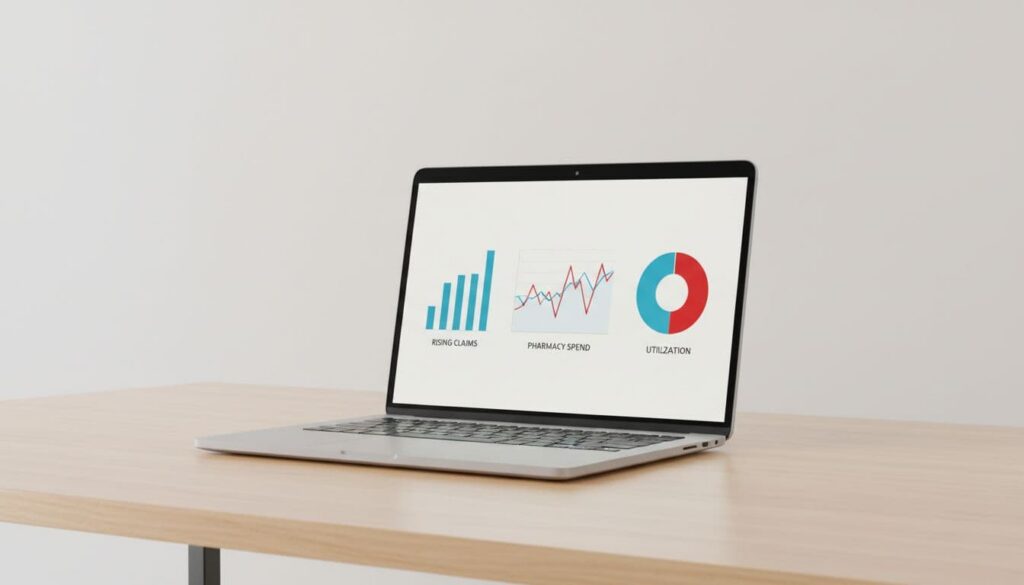 Clean laptop dashboard visualizes rising healthcare cost drivers with blue claims bars, red pharmacy spend line, and utilization pie chart on a modern desk.
