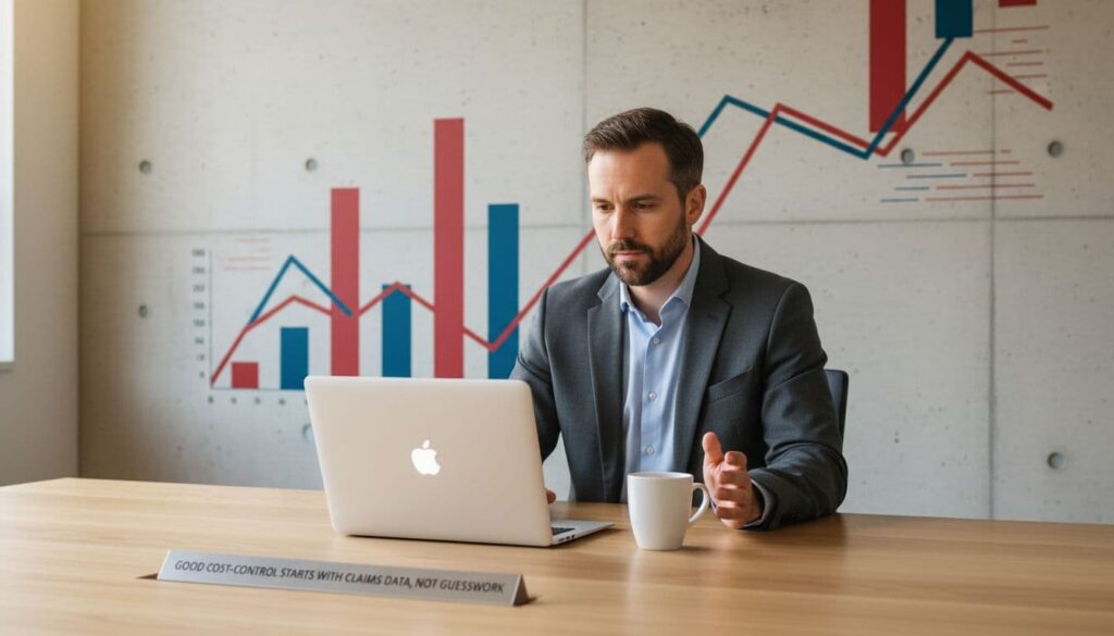 A professional in a modern office thoughtfully analyzes claims data on a laptop, with relaxed hands on the desk, soft lighting, and subtle background charts in Cardinal Red, Pelorous Blue, and Wild Sand tones.