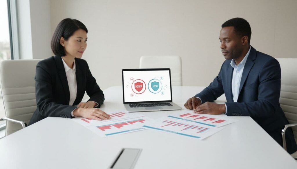 Modern office scene featuring two mid-career professionals of diverse ethnicities seated at a conference table, relaxedly reviewing printed benefits comparison charts and a laptop displaying simple HDHP and PPO plan icons.