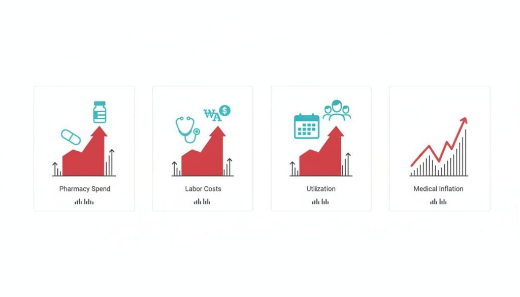 Abstract dashboard-style visualization of key healthcare cost drivers: rising bar graphs for pharmacy spend with pill bottle icon, labor costs with stethoscope and wage symbol, utilization with calendar and patient icons, and medical inflation line chart in modern minimal design.